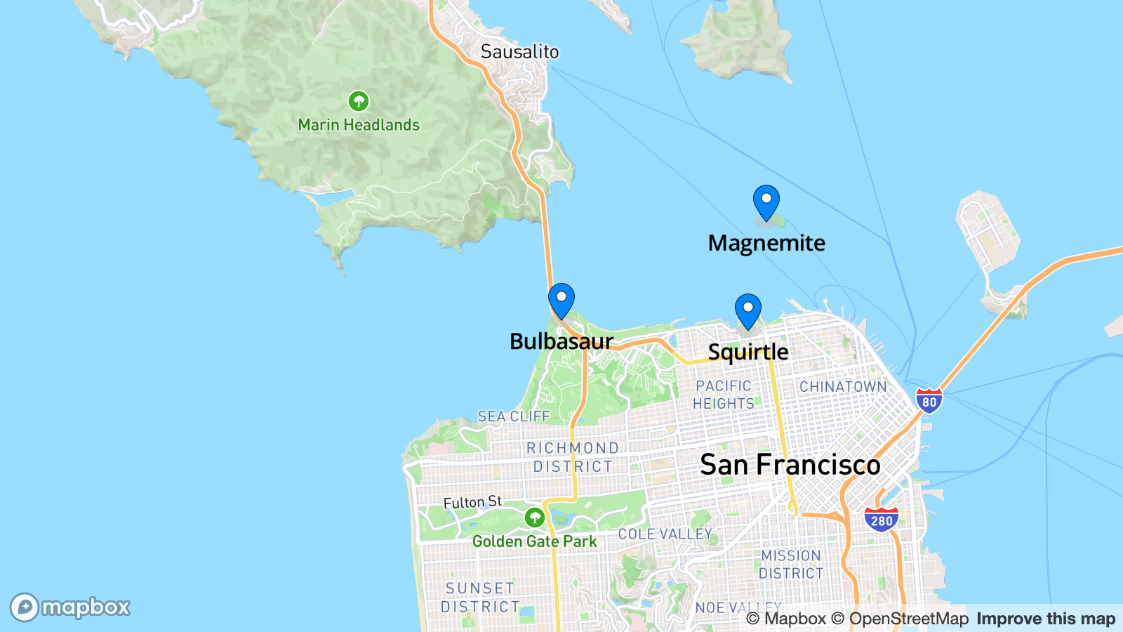 Map markers indicating Pokémons in San Francisco